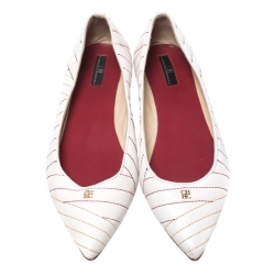 Pre Owned Carolina Herrera White Leather Stitch Detail Pointed Toe Ballet Flats Size 39