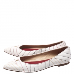 Pre Owned Carolina Herrera White Leather Stitch Detail Pointed Toe Ballet Flats Size 39