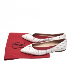 Pre Owned Carolina Herrera White Leather Stitch Detail Pointed Toe Ballet Flats Size 39