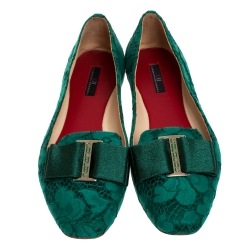 Pre Owned Carolina Herrera Green Lace Bow Ballet Flats Size 40