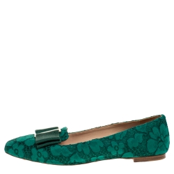 Pre Owned Carolina Herrera Green Lace Bow Ballet Flats Size 40