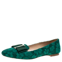 Pre Owned Carolina Herrera Green Lace Bow Ballet Flats Size 40