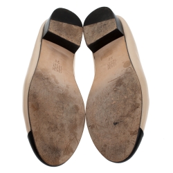 Carolina Herrera Beige/Black Leather And Grosgrain Trim Cap Toe Logo Ballet Flats Size 38