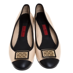 Carolina Herrera Beige/Black Leather And Grosgrain Trim Cap Toe Logo Ballet Flats Size 38