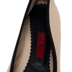 Carolina Herrera Beige/Black Leather And Grosgrain Trim Cap Toe Logo Ballet Flats Size 38