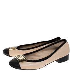 Carolina Herrera Beige/Black Leather And Grosgrain Trim Cap Toe Logo Ballet Flats Size 38