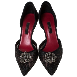Pre Owned Carolina Herrera Black Suede And Lace Crystal Embellished D'orsay Pumps Size 39