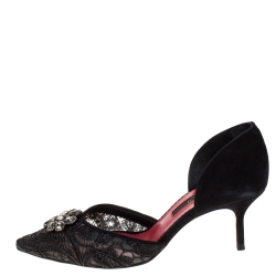 Pre Owned Carolina Herrera Black Suede And Lace Crystal Embellished D'orsay Pumps Size 39