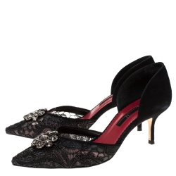 Pre Owned Carolina Herrera Black Suede And Lace Crystal Embellished D'orsay Pumps Size 39