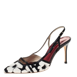 Carolina Herrera Black/White Floral Embossed Fabric Pointed Toe Slingback Pumps Size 37