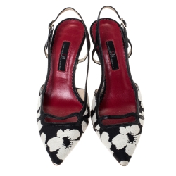 Carolina Herrera Black/White Floral Embossed Fabric Pointed Toe Slingback Pumps Size 37