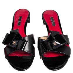 Pre Owned Carolina Herrera Black Patent Leather and Leather Knotted Block Heel Slide Sandals Size 41