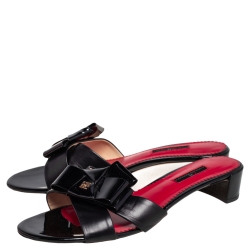 Pre Owned Carolina Herrera Black Patent Leather and Leather Knotted Block Heel Slide Sandals Size 41