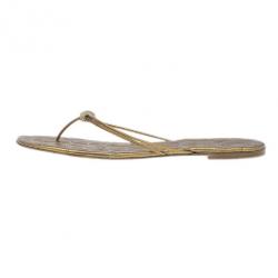 Pre Owned Carolina Herrera Gold Monogram Leather Thong Sandals Size 40