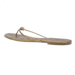 Pre Owned Carolina Herrera Gold Monogram Leather Thong Sandals Size 40