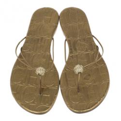 Pre Owned Carolina Herrera Gold Monogram Leather Thong Sandals Size 40