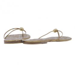 Pre Owned Carolina Herrera Gold Monogram Leather Thong Sandals Size 40