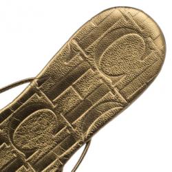 Pre Owned Carolina Herrera Gold Monogram Leather Thong Sandals Size 40