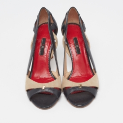 Pre Owned حذاء كعب عالي سي أتش كارولينا هيريرا سويدي وجلد بيج/أسود قصات مفرغة مقدمة مفتوحة مقاس 37