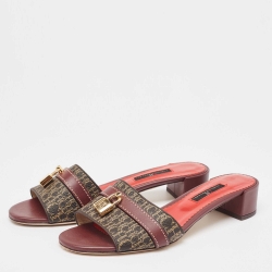 Pre Owned Carolina Herrera Burgundy/Brown Signature Coated Canvas and Leather Matryoshka Sandals Size 38