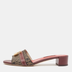 Pre Owned Carolina Herrera Burgundy/Brown Signature Coated Canvas and Leather Matryoshka Sandals Size 38