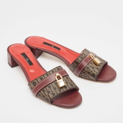 Pre Owned Carolina Herrera Burgundy/Brown Signature Coated Canvas and Leather Matryoshka Sandals Size 38