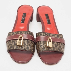 Pre Owned Carolina Herrera Burgundy/Brown Signature Coated Canvas and Leather Matryoshka Sandals Size 38