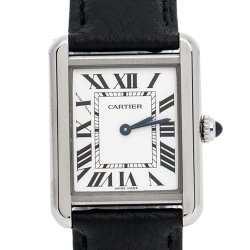 Pre Owned Cartier Silver Stainless Steel Leather Tank Solo 3170 Women's Wristwatch 24 mm