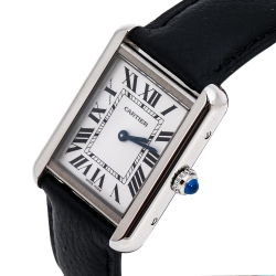 Pre Owned Cartier Silver Stainless Steel Leather Tank Solo 3170 Women's Wristwatch 24 mm