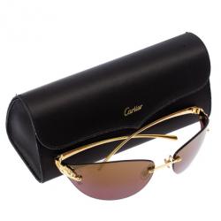 Pre Owned Cartier Gold Panthere De Cartier Rimless Shield Sunglasses