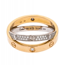 مملوكة مسبقًا Cartier Love Diamond Two Tone 18K Gold Double Band Ring Size 55