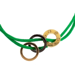 Pre Owned Cartier Love Diamond Ceramic Two Tone 18K Gold Green Cord Adjustable Bracelet