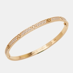 Pre Owned Cartier Love Diamond Paved 18k Yellow Gold Bangle Bracelet 16