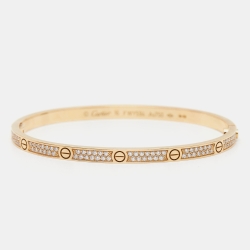 Pre Owned Cartier Love Diamond Paved 18k Yellow Gold Bangle Bracelet 16