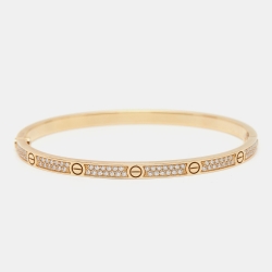 Pre Owned Cartier Love Diamond Paved 18k Yellow Gold Bangle Bracelet 16