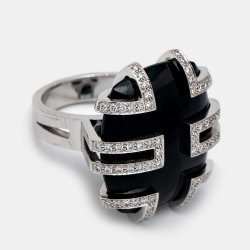 Pre Owned Cartier Le Baiser du Dragon Black Jade Diamond 18K White Gold Ring Size 52