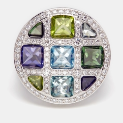 Pre Owned Cartier Pasha de Cartier Multi Gemstone 18k White Gold Cocktail Ring Size 53