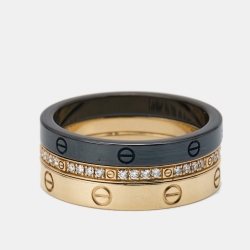 مملوكة مسبقًا Cartier Love Diamond Ceramic 18k Rose Gold 3 Ring Set Size 53