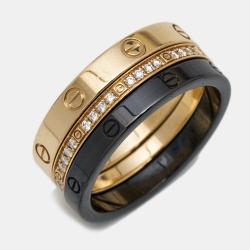 مملوكة مسبقًا Cartier Love Diamond Ceramic 18k Rose Gold 3 Ring Set Size 53