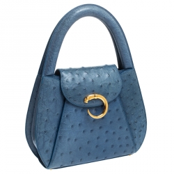 Cartier Blue Ostrich Leather Panther Logo Satchel