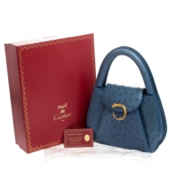 Cartier Blue Ostrich Leather Panther Logo Satchel