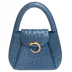 Cartier Blue Ostrich Leather Panther Logo Satchel