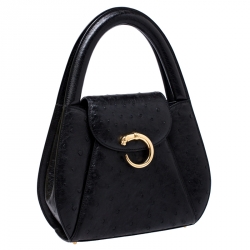 مملوكة مسبقًا Cartier Black Ostrich Leather Panther Logo Satchel