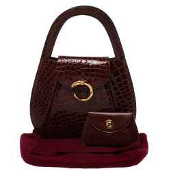Pre Owned Cartier Brown Crocodile Panther Logo Satchel with Wallet 