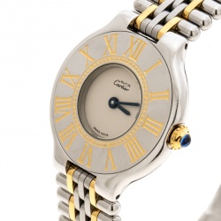 Pre Owned Cartier Cream 18K Yellow Gold and Stainless Steel Must De Cartier 21 125000P Women's Wristwatch 28 mm