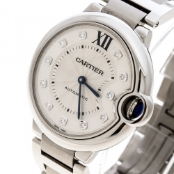 Pre Owned Cartier Silver Stainless Steel Ballon Bleu Diamonds 3284 Women's Wristwatch 36 mm