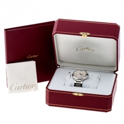Pre Owned Cartier Silver Stainless Steel Ballon Bleu Diamonds 3284 Women's Wristwatch 36 mm