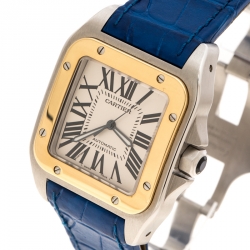 Pre Owned Cartier Silver Santos 100 18k Yellow Gold & Stainless Steel Women's Wristwatch 42MM