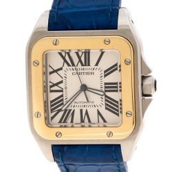 Pre Owned Cartier Silver Santos 100 18k Yellow Gold & Stainless Steel Women's Wristwatch 42MM