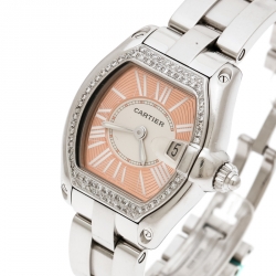Pre Owned Cartier Peach Stainless Steel And Diamonds Roadster 2675 Women's Wristwatch 31 mm